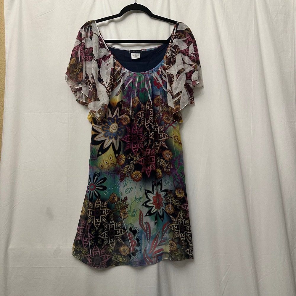Fleurish Womens Large Multi Color Floral Flutter Sleeve Sheer Overlay Tunic Top